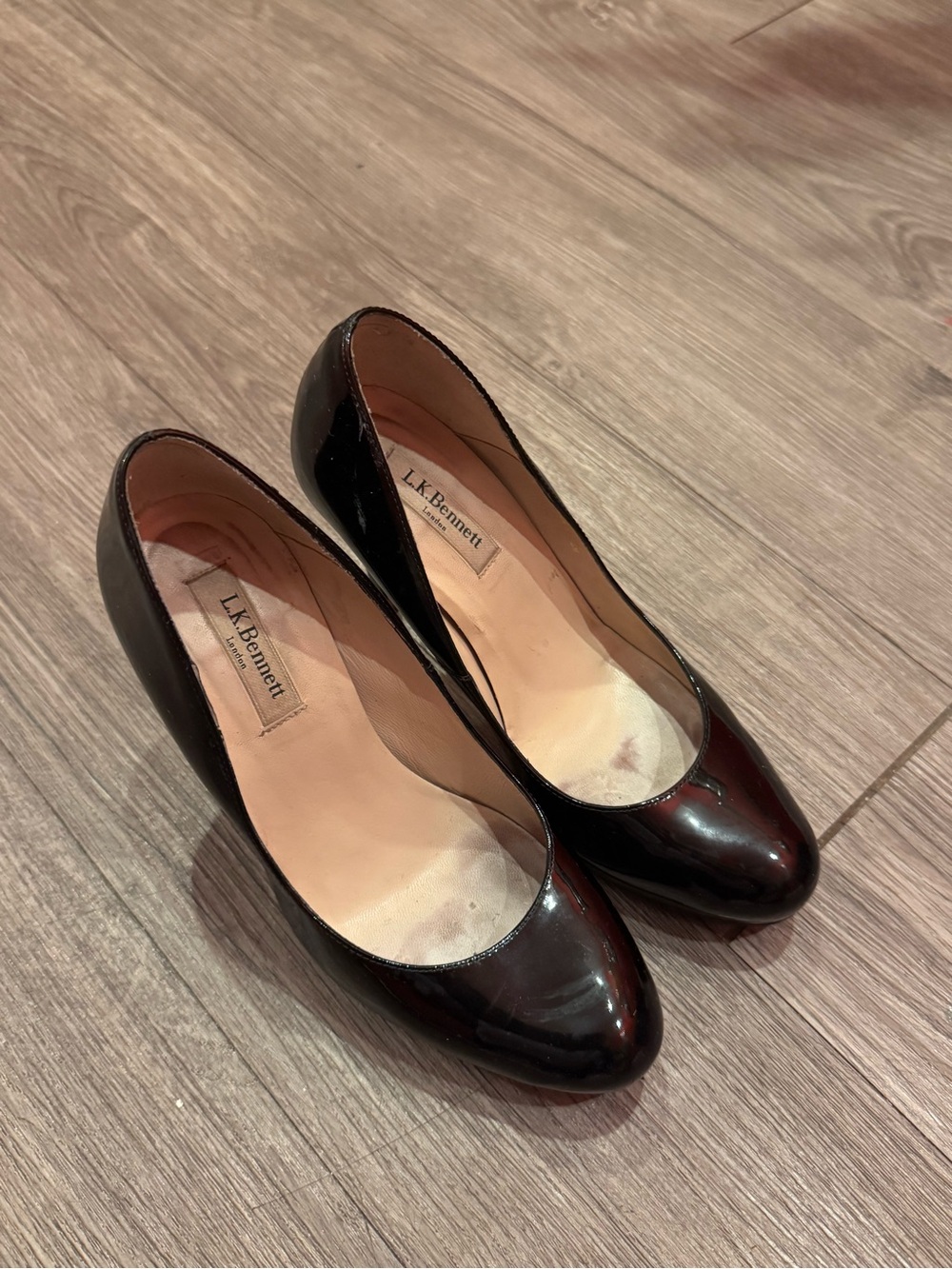 LK Bennett Black Patent Round-Toe Pumps with Low Heel